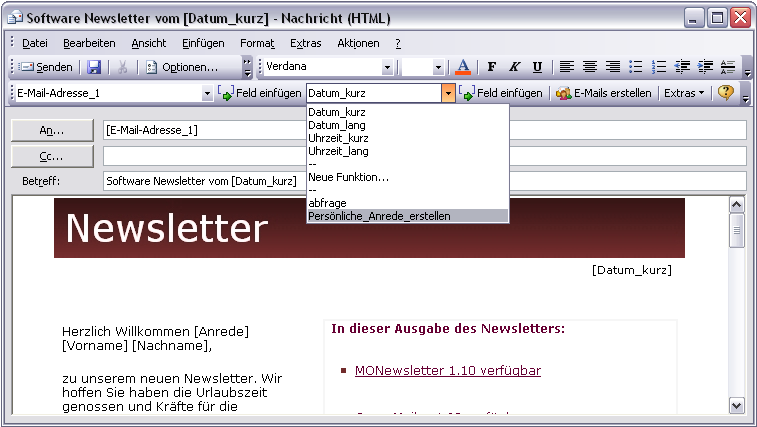 Screenshot vom Programm: MONewsletter